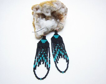 Turquoise and Black, Native American Beaded Earrings