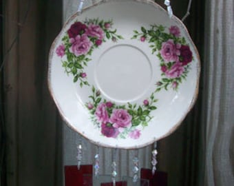 Cranberry Red and Pink Roses on Dish Repurposed and Upcycled into a Windchime with Stained Glass Chimes