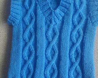 Hand knitted baby boy's sleeveless sweater in blue 6-12 months