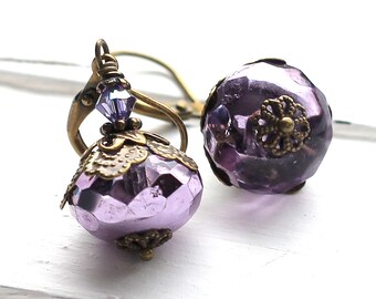Violet Purple Glass Earrings, Vintage Style, Faceted Czech Glass Rondelles, Antique Brass Leverback, Swarovski Crystal