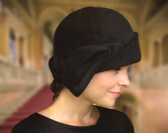 Daryn - Black Velvet Downton Abbey Cloche with Half Bow Custom Size