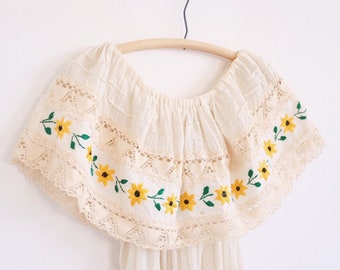 Mexican Embroidered Dress // Vintage Gauze Crochet Ruffle Yellow Flowers Ethnic Bohemian