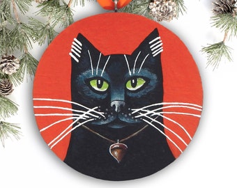 Black Cat Ornament, Halloween Ornament, Handmade Christmas Ornament, Black Cat Art Christmas Gift, Cat Lover Gift
