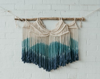 Macrame wall hanging dip dyed denim blue teal wedding decor
