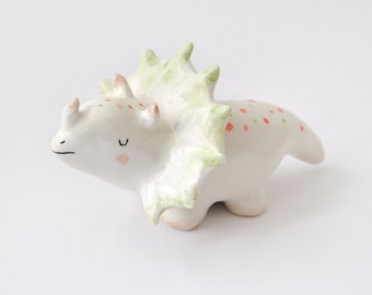 Triceratops Figure, Triceratops Figurine; Ceramic Dinosaur, with Orange and Green Polka Dots; Jurassic Clay Collection. Ready To Ship