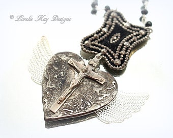 Milagros Soldered Necklace Sacred Heart Religious Medal Assemblage Necklace Lorelie Kay Designs
