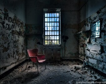 Red Chair, Art Deco and Decaying Old building, Abandoned Asylum, Urban Exploration, Beautiful and Mysterious, Fine Art Photography Print