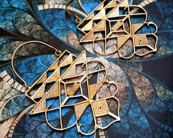 Big geometric Earrings, Tribal Brass Earrings. Drop Earrings, Brass Tribal Earrings, Boho Earrings. Gypsy Earrings. Ethnic Earrings