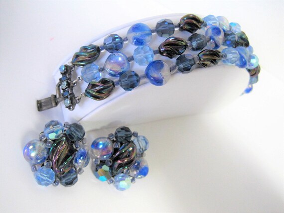 Blue Art Glass Bracelet Earrings, Art Glass Lampwork, Rhinestones Clasp, Triple Strand