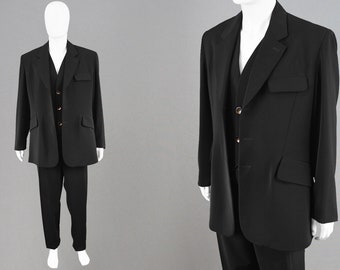 Vintage 80s CALUGI E GIANNELLI Two Piece Suit Men Built in Vest Gents Black Suit Waistcoat Blazer Jacket Trouser Pant Suit Unusual Suit