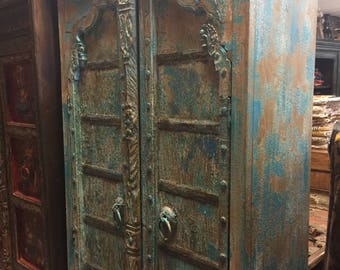 Farmhouse City Chic Antique Arched Door Cabinet, India Furniture, Blue Distressed Armoire, Iron Nailed,  Old World Charm Resort Decor