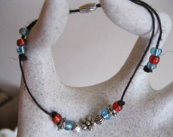 Black Hemp Cord and Bead Bracelet ~ Seed Beads ~ Silver Beads ~ 6 to 6 1/4 Inch Wrist Size
