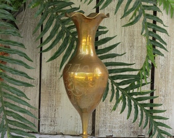 Vintage Brass Vase - Etched Brass Fluted Vase - Flower Vase
