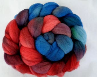 Merino wool roving, hand dyed roving, felting wool, spinning fiber, needle felting wool, merino wool tops, red, blue, 3.5oz, 100g, 100% wool