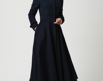 long wool coat, Womens coats, Navy Blue coat, Wool Coat, Hooded Coat, long jacket, plus size Coat, mod clothing, Custom made clothing 1102