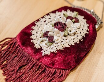 Antique Maroon Velvet Fringe Coin Purse