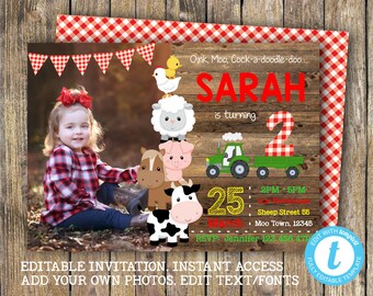 Farm Birthday Photo Invitation, INSTANT DOWNLOAD, Editable with Templett, Printable, Digital, Farm Animals Tractor Invite, Barnyard Party