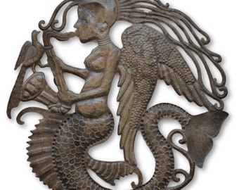 Angelic Mermaid w/ Trumpet, One-of-a-Kind Reclaimed Metal Art, 23x23