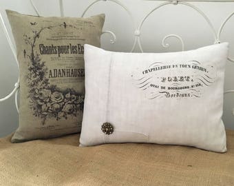 French script cushion, vintage linen
