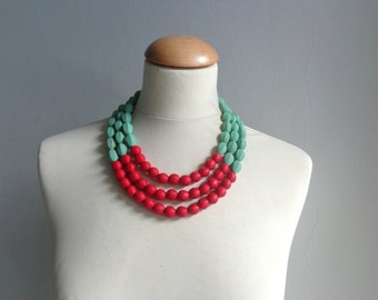 Red Green chunky necklace modern tribal statement necklace