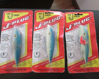 Set of 3 NIP vintage Jensen Luhr #5003 J-Plug fishing lure Glo Blue 4 3/4"