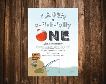 O-FISH-IALLY ONE Fishing First Birthday Invitation; Printable or set of 10