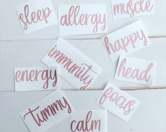Set of 10 LABELS ONLY 10ml Essential Oil Roller Bottle Labels / No Oils Included / Permanent Strength Vinyl / Rose Gold / Neon Pink /Glitter