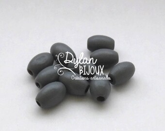 10 oval wooden beads / olive gray 10 x 16 mm