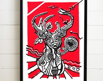 Deer Linocut Black & Red (210×297mm)