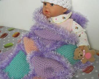 Purple Green Pink knitted cat or dog blanket Afghan
