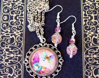 CLEARANCE SALE - Jewelry Set (S603) Necklace and Earrings, Butterfly Graphic Under Glass Pendant, Crystal Dangles, Silver, Pink & Baby Blue