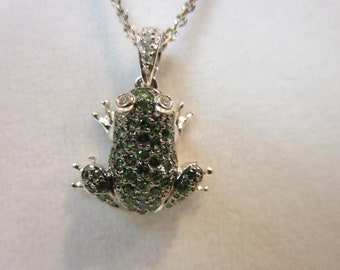 Rare Green Garnets, Diamonds and White Gold Frog Pendant Necklace.