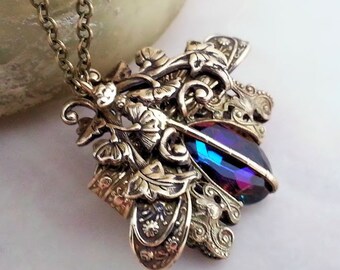 Blue Charme De Libellule dragonfly necklace, statement necklace, dragonfly jewelry, Art Nouveau filigree jewelry, Victorian fantasy jewelry