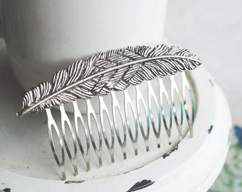 Hair Comb, silver feather hair comb