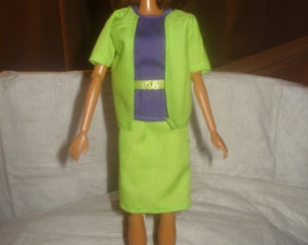 3-piece business suit with belt in lime green & purple for Fashion Dolls - ed545