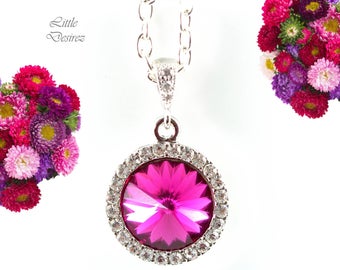 Fuchsia Pink Necklace Hot Pink Necklace Dark Pink Necklace Swarovski Rivoli Necklace Bridesmaid Gift Crystal Necklace Pink Pendant FU34N