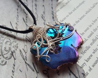 Titanium Rainbow Agate Geode Slice Druzy, Wire Wrapped Pendant