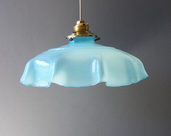 Antique French Blue Opaline Glass Ceiling Light Lamp,from the 1930s