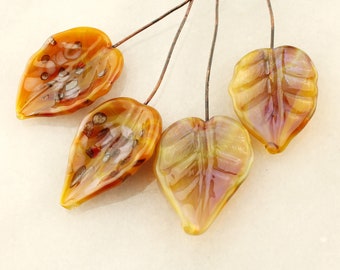 Lampwork Headpins, Glass Leaf Head Pins, Headpin on 20Ga Antique Copper Wire, Gold. Brown Leaves