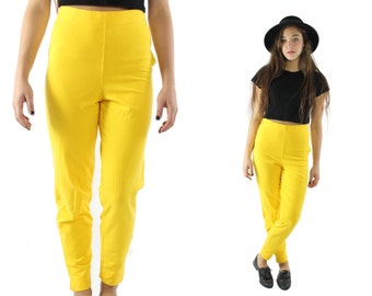 Vintage 90s High Waisted Pants Yellow Knit Leggings Cropped Capri Pants Trousers 1990s Medium M Womens Fall Fashion