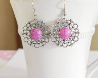 Hot pink and silver dangling earrings