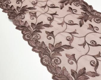 BROWN, 8.75" Wide, Embroidered Floral Lace Trim, BTY By The Yard