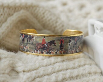 Horse Bracelet, Equestrian Jewelry, Equestrian Bracelet, Equestrian Cuff, Horse Jewelry, Vintage Jewelry, Vintage Hunting Print