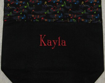 Child's personalized PIANO music tote bag lesson book bag music notes embroidered black canvas musician kids birthday recital gift idea