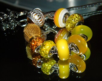 NEW 9/pc Yellow's European Style Charm (Beads only) Glitter, Paved, Metal, Mixed, large hole spacer charm Beads lot (Yellow)