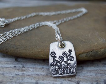 Flower Box Sterling Silver Necklace . Flowers . Nature . Sterling Necklace.Rustic. Necklace.
