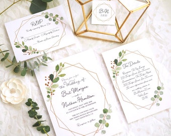 Geometric Wedding Invitation, Wedding Invitation Set, Printable Wedding Invitation Template, Modern Greenery Wedding Invitation, VW21