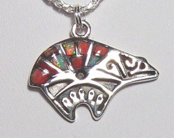 Bear jewelry, Bear jewelry with Opal and Coral Inlay, Sterling Silver Bear jewelry On Sale Now 50% OFF