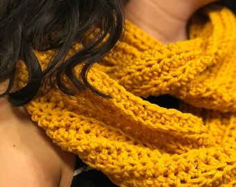 Crochet mustard ribbed infinity scarf
