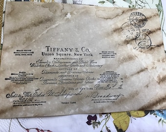 6 Tiffany & Co stamp collage - Coffee stained ephemera index cards.